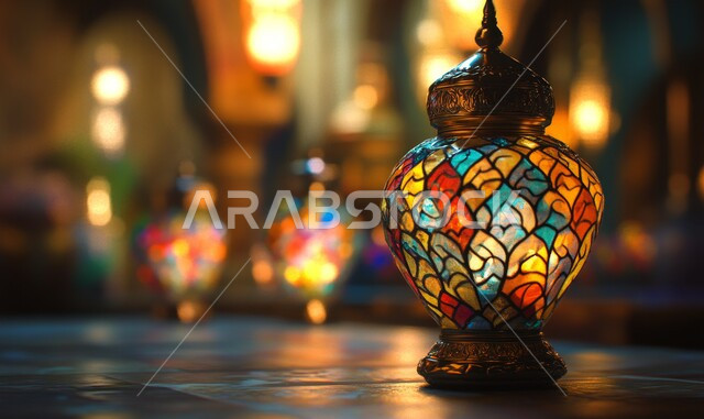 البهجة بقدوم رمضان المبارك, زينة واكسسوار شهر الخير, فانوس معدني مزخرف مضيء, مصباح عربي تقليدي, الأجواء الرمضانية الروحانية في المملكة العربية السعودية, الاحتفال بالمناسبات الدينية الإسلامية