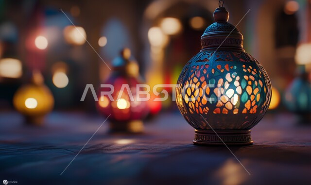 الاحتفال بالمناسبات الدينية الإسلامية, البهجة بقدوم رمضان المبارك, زينة واكسسوار شهر الخير, فانوس معدني مزخرف مضيء, مصباح عربي تقليدي, الأجواء الرمضانية الروحانية في المملكة العربية السعودية