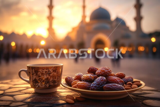 طبق من التمر السكر الصحي مع فنجان من الشاي أمام المسجد, منتج محلي وطني سعودي, الاستمتاع بالمشروب الساخن، ضيافة عربية تقليدية, الفن الهندسي المعماري لبناء المساجد على الطراز العربي الإسلامي, الرطب الخليجي الفاخر, وجبة إفطار لصائم في شهر رمضان