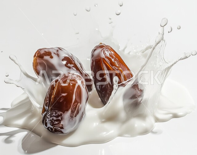 وجبة ذات قيمة غذائية عالية، ضيافة عربية تقليدية، أنواع من التمور الصحية واللذيذة, منتج ومحصول محلي وطني سعودي, الرطب العربي الخليجي الفاخر, حبات من التمر السكري الصحي مع الحليب, إفطار الصائم في شهر رمضان, خلفية بيضاء