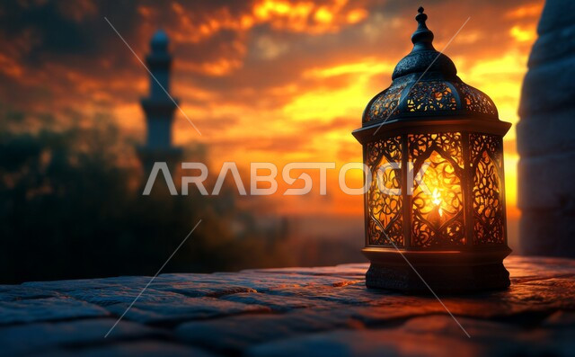 Ramadan decoration and ornament, illuminated decorative metal lantern, traditional Arabic lamp, spiritual Ramadan atmosphere in Saudi Arabia, celebration of Islamic religious occasions, joy of the coming of the blessed Ramadan, background of the towering minaret of the mosque at sunset