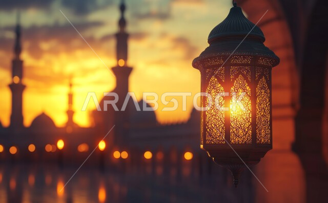 الأجواء الرمضانية الروحانية في المملكة العربية السعودية, الفن الهندسي المعماري للمساجد على الطراز الإسلامي, ديكور وزينة شهر الخير, فانوس معدني مزخرف مضيء, الاحتفال بالمناسبات الدينية الإسلامية, البهجة بقدوم رمضان المبارك, خلفية المسجد وقت غروب الشمس