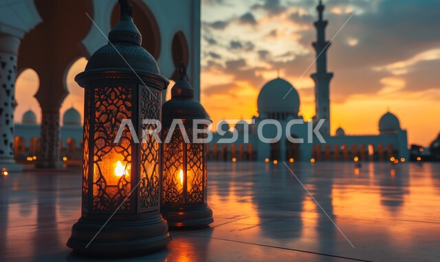 Islamic style mosque architecture, decoration and ornament of the month of goodness, two illuminated decorative metal lanterns, spiritual Ramadan atmosphere in Saudi Arabia, celebration of Islamic religious occasions, joy of the arrival of the blessed Ramadan, mosque background at sunset