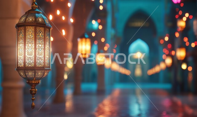 فوانيس معدنية مزخرفة مضيئة معلقة, مصابيح عربية تقليدية, الأجواء الرمضانية الروحانية في المملكة العربية السعودية, الاحتفال بالمناسبات الدينية الإسلامية, البهجة بقدوم رمضان المبارك, ديكور وزينة شهر الخير