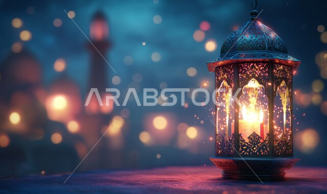 ديكور وزينة شهر الخير, فانوس معدني مزخرف مضيء, مصباح عربي تقليدي, الأجواء الرمضانية الروحانية في المملكة العربية السعودية, الاحتفال بالمناسبات الدينية الإسلامية, البهجة بقدوم رمضان المبارك