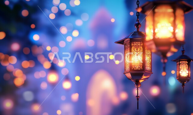 فوانيس معدنية مزخرفة مضيئة معلقة, مصابيح عربية تقليدية, الأجواء الرمضانية الروحانية في المملكة العربية السعودية, الاحتفال بالمناسبات الدينية الإسلامية, البهجة بقدوم رمضان المبارك, ديكور وزينة شهر الخير