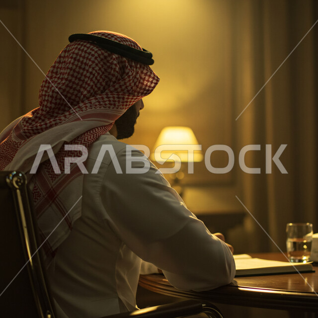 تنمية وزيادة الذخيرة الفكرية الثقافية، ممارسة الهواية المفضلة في وقت الفراغ، قضاء أوقات ممتعة في قراءة الكتب المفيدة، التعلم والتثقف عن طريق المطالعة، صورة من الجانب لرجل عربي خليجي سعودي يرتدي الثوب التقليدي والشماغ يجلس خلف المكتب وأمامه كتاب يقرأ منه بتركيز