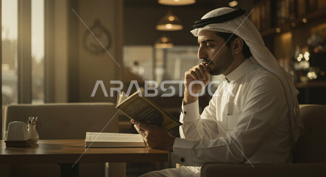 ممارسة الهواية المفضلة في وقت الفراغ في جو هادئ، قضاء أوقات ممتعة في قراءة الكتب المفيدة، زيادة الذخيرة الفكرية والثقافية، التعلم والتثقف عن طريق المطالعة، رجل عربي خليجي سعودي يرتدي الثوب التقليدي والغترة يحمل بيده كتاب ويقرأ منه بتركيز