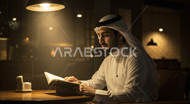 قضاء أوقات ممتعة في قراءة الكتب المفيدة، زيادة الذخيرة الفكرية والثقافية، التعلم والتثقف عن طريق المطالعة، رجل عربي خليجي سعودي يرتدي الثوب التقليدي والغترة يحمل بيده كتاب ويقرأ منه بتركيز، ممارسة الهواية المفضلة في وقت الفراغ في جو هادئ