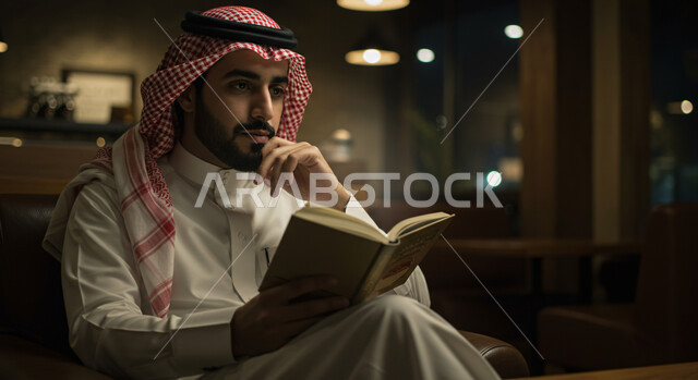 زيادة الذخيرة الفكرية والثقافية، التعلم والتثقف عن طريق المطالعة، قضاء أوقات ممتعة في قراءة الكتب المفيدة، رجل عربي خليجي سعودي يرتدي الثوب التقليدي والشماغ يحمل بيده كتاب ويقرأ منه بتركيز، ممارسة الهواية المفضلة في وقت الفراغ في جو هادئ