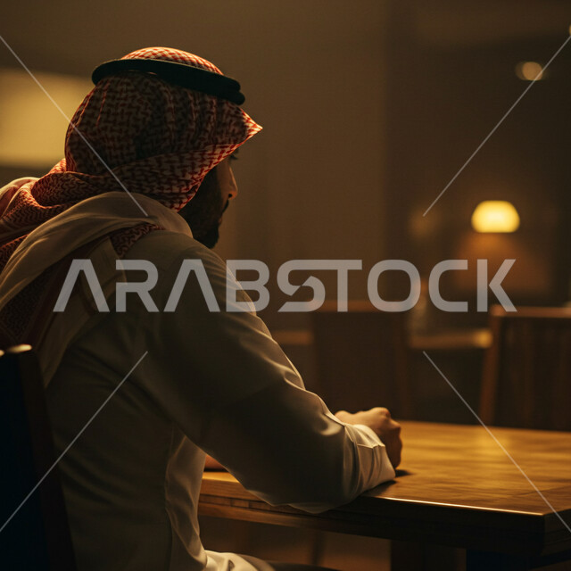 إنجاز المهام المطلوبة، متابعة الأعمال بجد واجتهاد، صورة من الجانب لرجل عربي خليجي سعودي يرتدي الثوب التقليدي والشماغ يجلس خلف طاولة المكتب، العمل في مكاتب وشركات المملكة العربية السعودية