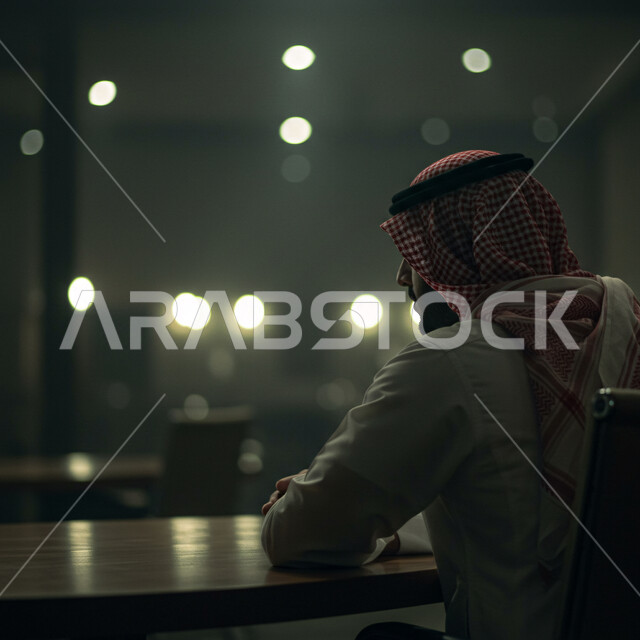 متابعة الأعمال بجد واجتهاد، صورة من الجانب لرجل عربي خليجي سعودي يرتدي الثوب التقليدي والشماغ يجلس خلف طاولة المكتب، إنجاز المهام المطلوبة، العمل في مكاتب وشركات المملكة العربية السعودية