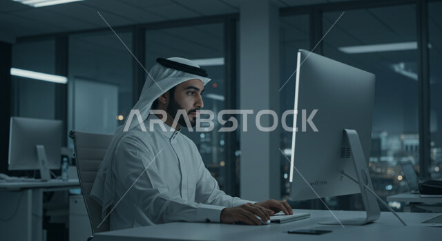  الليونة والسرعة ومتابعة الأعمال بالاعتماد على التقنيات التكنولوجية، استخدام الحاسوب في إنجاز المهام المطلوبة، صورة من الجانب لرجل عربي خليجي سعودي يرتدي الثوب التقليدي والغترة يجلس خلف طاولة المكتب ويقوم بعمله، التوظيف في مكاتب وشركات المملكة العربية السعودية