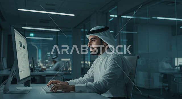 Using the computer to accomplish the required tasks, flexibility, speed and follow-up of work based on technological techniques, a side view of a Saudi Arabian Gulf man wearing the traditional thobe and ghutra sitting behind the office desk doing his work, employment in offices and companies in the Kingdom of Saudi Arabia