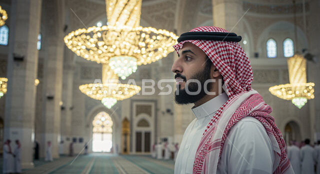 الاجتهاد في العباده والطاعة، مفهوم الدعاء والتضرع والترجي، رجل عربي خليجي سعودي  يرتدي الثوب التقليدي والشماغ يصلي داخل المسجد، التوبة والرجوع إلى الله، الديكور الداخلي للأقواس والأعمدة الداخلية على الطراز الإسلامي، الأجواء الروحانية الدينية في بيت الله