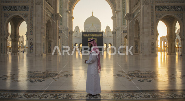 الأجواء الروحانية الدينية في بيت الله، مفهوم الدعاء والتضرع والترجي، الاجتهاد في العباده والطاعة، رجل عربي خليجي سعودي  يرتدي الثوب التقليدي والشماغ يصلي داخل المسجد، التوبة والرجوع إلى الله، الديكور الداخلي للأقواس والأعمدة الداخلية على الطراز الإسلامي