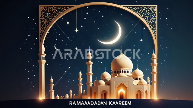 Greeting card for the advent of the holy month of Ramadan, Ramadan Kareem phrase in English, celebrating Islamic religious holidays and occasions, architectural engineering art of building mosques in the Arab-Islamic style, the concept of worship and drawing closer to God, the view of the crescent and stars in the sky