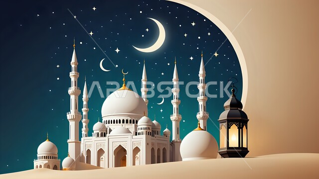 البهجة بقدوم شهر رمضان المبارك, الاحتفال بالأعياد والمناسبات الدينية الإسلامية, الفن الهندسي المعماري لبناء المساجد على الطراز العربي الإسلامي, فانوس معدني مزخرف مضيء أمام المسجد, مفهوم العبادة والتقرب إلى الله, منظر الهلال والنجوم في السماء