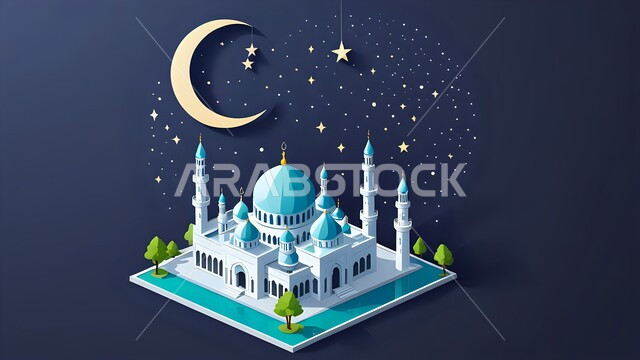 مجسم ثلاثي الأبعاد لمسجد بتصميم عريق, نداء المسلمين لأداء فريضة الصلاة, مفهوم العبادة والتقرب إلى الله, منظر الهلال والنجوم في السماء, الفن الهندسي المعماري لبناء المساجد على الطراز العربي الإسلامي, خلفية زرقاء