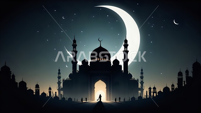 الفن الهندسي المعماري لبناء المساجد على الطراز العربي الإسلامي, القبب والمآذن للمسجد بتصميم عريق, نداء المسلمين لأداء فريضة الصلاة, مفهوم العبادة والتقرب إلى الله, منظر الهلال والنجوم في السماء