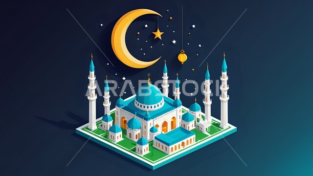 مجسم ثلاثي الأبعاد لمسجد بتصميم عريق, نداء المسلمين لأداء فريضة الصلاة, مفهوم العبادة والتقرب إلى الله, منظر الهلال والنجوم في السماء, الفن الهندسي المعماري لبناء المساجد على الطراز العربي الإسلامي, خلفية زرقاء