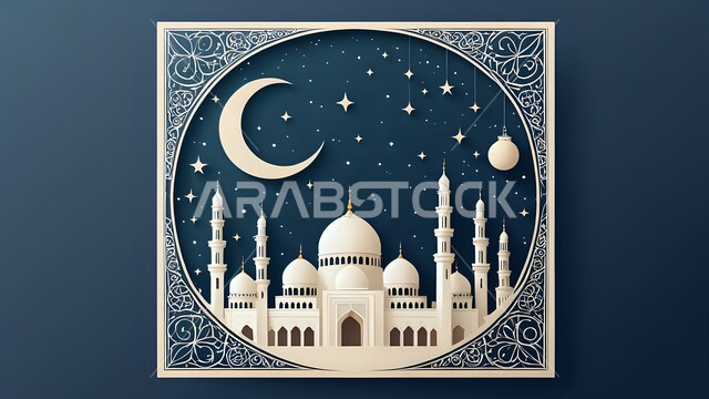 الفن الهندسي المعماري لبناء المساجد على الطراز العربي الإسلامي, القبب والمآذن للمسجد بتصميم عريق, نداء المسلمين لأداء فريضة الصلاة, مفهوم العبادة والتقرب إلى الله, منظر الهلال والنجوم في السماء, خلفية زرقاء