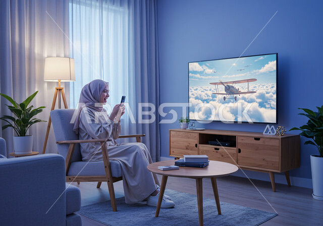 استخدام الأجهزة التقنية الحديثة والتكنولوجيا، امرأة عربية خليجية سعودية محجبة ترتدي عباءة ملونة تجلس في غرفة المعيشة وتمسك بيدها الهاتف المحمول، الديكور الداخلي العصري للمنزل، تصميم حديث بشاشة الكترونية كبيرة لحجرة الجلوس في الشقق السكنية في المملكة