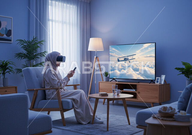تصميم حديث بشاشة الكترونية كبيرة لحجرة الجلوس في الشقق السكنية في المملكة، الديكور الداخلي العصري للمنزل، استخدام الأجهزة التقنية الحديثة، امرأة عربية خليجية سعودية محجبة ترتدي عباءة ملونة تجلس في غرفة المعيشة وتمسك بيدها الهاتف المحمول وتلبس نظارة الفي آر