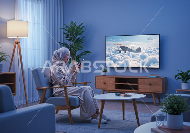 الديكور الداخلي العصري للمنزل، استخدام الأجهزة التقنية الحديثة والتكنولوجيا، امرأة عربية خليجية سعودية محجبة ترتدي عباءة ملونة تجلس في غرفة المعيشة وتمسك بيدها الهاتف المحمول، تصميم حديث بشاشة الكترونية كبيرة لحجرة الجلوس في الشقق السكنية في المملكة