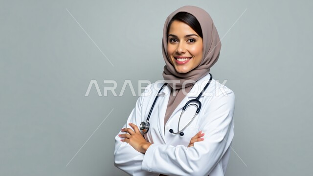 النظر إلى الكاميرا بإيماءات السعادة والسرور, العمل في القطاع الطبي, تقديم خدمات الرعاية الصحية, بورتريه مقرب لطبيبة عربية خليجية سعودية مبتسمة محجبة ترتدي المعطف الأبيض تضع السماعة الطبية حول عنقها وتقف بأيدي متقاطعة, خلفية رمادية