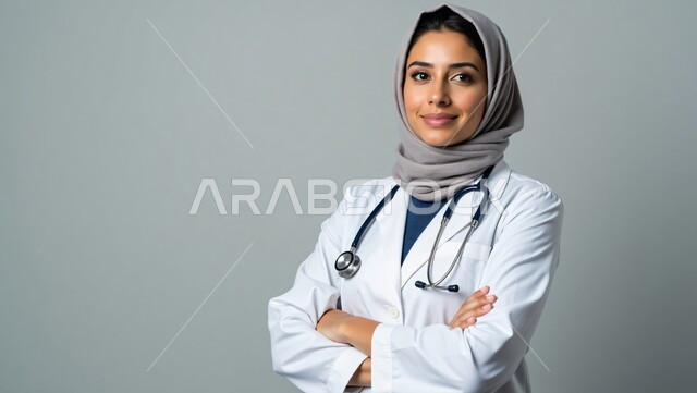Providing healthcare services, working in the medical sector, looking at the camera with gestures of happiness and pleasure, close-up portrait of smiling Saudi Arabian Gulf female doctor wearing a white coat, wearing a stethoscope around her neck and standing with crossed hands, gray background