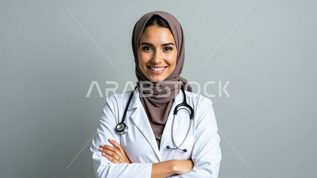 العمل في القطاع الطبي, النظر إلى الكاميرا بإيماءات السعادة والسرور, تقديم خدمات الرعاية الصحية, بورتريه مقرب لطبيبة عربية خليجية سعودية مبتسمة محجبة ترتدي المعطف الأبيض تضع السماعة الطبية حول عنقها وتقف بأيدي متقاطعة, خلفية رمادية