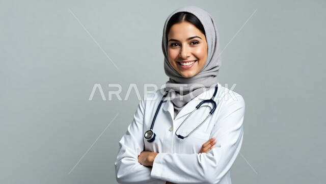 Providing healthcare services, working in the medical sector, looking at the camera with gestures of happiness and pleasure, close-up portrait of smiling Saudi Arabian Gulf female doctor wearing a white coat, wearing a stethoscope around her neck and standing with crossed hands, gray background