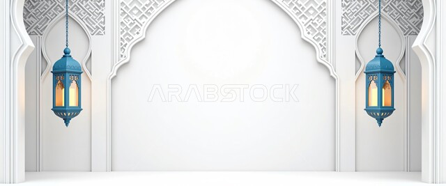 البهجة بقدوم رمضان المبارك, زينة وديكور شهر الخير, فانوسان معدنيان مزخرفان معلقان, مصباحان عربيان تقليديان, الأجواء الرمضانية الروحانية في المملكة العربية السعودية, الاحتفال بالمناسبات الدينية الإسلامية, خلفية بيضاء