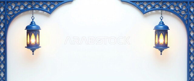 Celebrating Islamic religious occasions, joy of the arrival of the holy month of Ramadan, decoration and decor of the month of goodness, two hanging decorative metal lanterns, two traditional Arabic lamps, spiritual Ramadan atmosphere in Saudi Arabia, white background