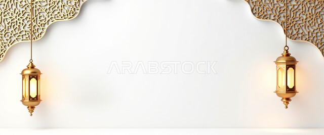 الأجواء الرمضانية الروحانية في المملكة العربية السعودية, الاحتفال بالمناسبات الدينية الإسلامية, البهجة بقدوم رمضان المبارك, زينة وديكور شهر الخير, فانوسان معدنيان مزخرفان معلقان, مصباحان عربيان تقليديان, خلفية بيضاء