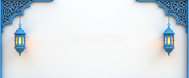 Two hanging decorative metal lanterns, two traditional Arabic lamps, spiritual Ramadan atmosphere in Saudi Arabia, celebration of Islamic religious occasions, joy of the coming of the holy month of Ramadan, decoration and decor of the month of goodness, white background