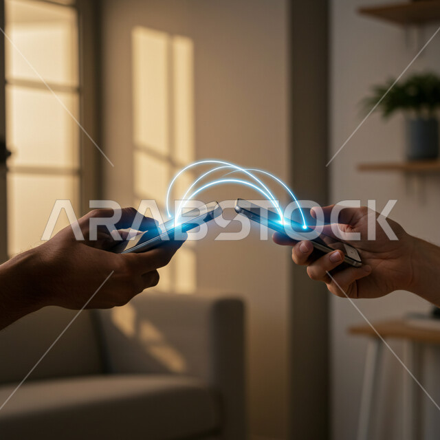 استخدام الأجهزة التكنولوجية الحديثة، تطور الشبكة الرقمية، الذكاء الاصطناعي وتكنولوجيا المستقبل المتقدم، صورة مقربة ليدي رجلين عربيين خليجيين سعوديين يمسكان الهواتف المحمولة بأيديهم، ربط الجوالات عبر شبكات الاتصالات، خطوط هولوجرامية مضيئة
