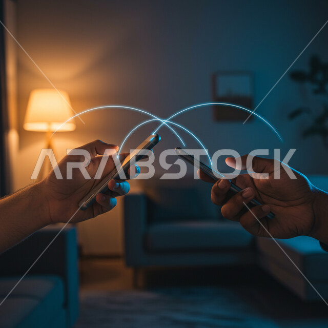 Artificial intelligence and advanced future technology, digital network development, close-up of two Saudi Arabian Gulf men holding mobile phones in their hands, connecting mobile phones via communication networks, use of modern technological devices, illuminated holographic lines