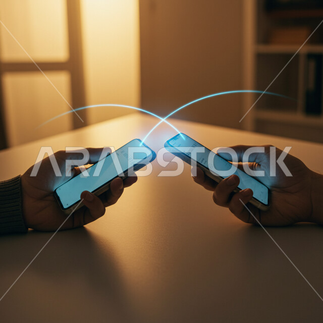 Digital network development, artificial intelligence and advanced future technology, close-up of two Saudi Arabian Gulf men holding mobile phones in their hands, connecting mobile phones via communication networks, use of modern technological devices, illuminated holographic lines