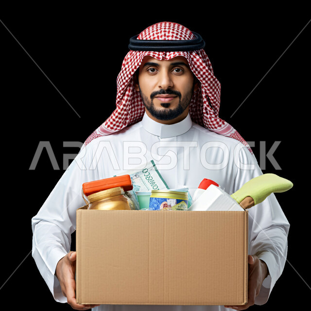 مبادرات وتبرعات انسانية خيرية، اخراج زكاة الفطر في عيد الفطر المبارك، جمعيات اسلامية في السعودية، توفير الطعام للمحتاجين، التبرع لمشروع السلة الغذائية، بورتريه مقرب لرجل عربي خليجي سعودي يرتدي الثوب التقليدي والشماغ ويحمل صندوق المواد الغذائية، خلفية سوداء