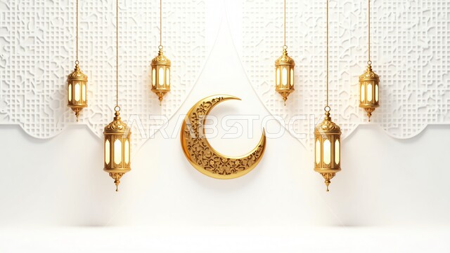 البهجة بقدوم رمضان المبارك, ديكور وزينة شهر الخير, فوانيس معدنية معلقة مضيئة مع الهلال المزخرف, الأجواء الرمضانية الروحانية في المملكة العربية السعودية, الاحتفال بالمناسبات الدينية الإسلامية, خلفية بيضاء