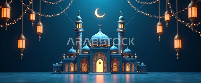 التصميم المميز لمسجد مضيء, الفوانيس المعدنية المضيئة المعلقة, البهجة بقدوم شهر رمضان المبارك, العبادة والتقرب إلى الله, الفن الهندسي المعماري للمساجد, الأجواء الرمضانية الروحانية في المملكة العربية السعودية, خلفية زرقاء