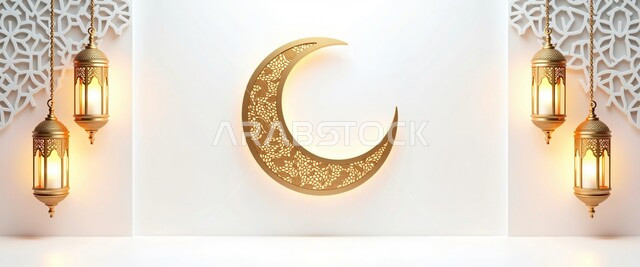 فوانيس معدنية معلقة مضيئة مع الهلال المزخرف, الأجواء الرمضانية الروحانية في المملكة العربية السعودية, الاحتفال بالمناسبات الدينية الإسلامية, البهجة بقدوم رمضان المبارك, ديكور وزينة شهر الخير, خلفية بيضاء