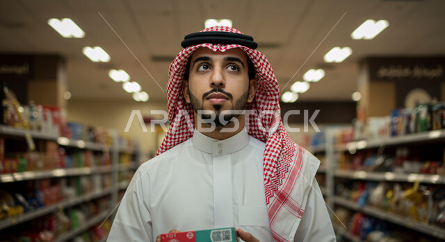 عرض منتجات محلية ووطنية في الماركت, قضاء وقت ممتع في اختيار اللوازم المنزليه, السهولة والراحة في التسوق, امتلاك خيارات شراء واستهلاك مختلفة من متجر المواد الغذائية، صورة مقربة لرجل عربي سعودي خليجي يرتدي الثوب التقليدي والشماغ يتجول داخل السوبرماركت