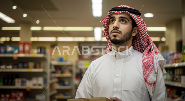 Having a good time choosing household supplies, ease and convenience in shopping, having different purchasing and consumption options from the grocery store, displaying local and national products in the market, close-up of a Saudi Arabian Gulf man wearing a traditional thobe and shemagh walking around the supermarket