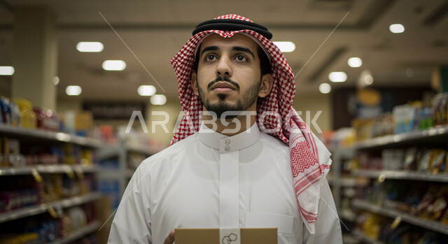 السهولة والراحة في التسوق, امتلاك خيارات شراء و استهلاك مختلفة من متجر المواد الغذائية، عرض منتجات محلية ووطنية في الماركت, قضاء وقت ممتع في اختيار اللوازم المنزليه, صورة مقربة لرجل عربي سعودي خليجي يرتدي الثوب التقليدي والشماغ يتجول داخل السوبرماركت