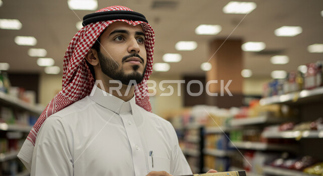 امتلاك خيارات شراء و استهلاك مختلفة من متجر المواد الغذائية، عرض منتجات محلية ووطنية في الماركت, السهولة والراحة في التسوق, قضاء وقت ممتع في اختيار اللوازم المنزليه, صورة مقربة لرجل عربي سعودي خليجي يرتدي الثوب التقليدي والشماغ يتجول داخل السوبرماركت