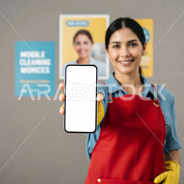 استقدام العمالة المنزلية المؤهلة والمرخصة من الخارج، موك آب أبيض مستطيل، صورة مقربة لشابة عربية خليجية سعودية ترتدي القفازات البلاستيكية والمئزر تمسك بيدها الهاتف المحمول بشاشة بيضاء فارغة، أدوات التنظيف والتعقيم والتطهير، عاملة ومدبرة منزل أجنبية