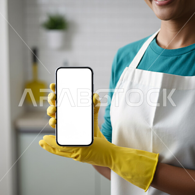 موك آب أبيض مستطيل، صورة مقربة لشابة عربية خليجية سعودية ترتدي القفازات البلاستيكية والمئزر تمسك بيدها الهاتف المحمول بشاشة بيضاء فارغة، استقدام العمالة المنزلية المؤهلة والمرخصة من الخارج، أدوات التنظيف والتعقيم والتطهير، عاملة ومدبرة منزل أجنبية
